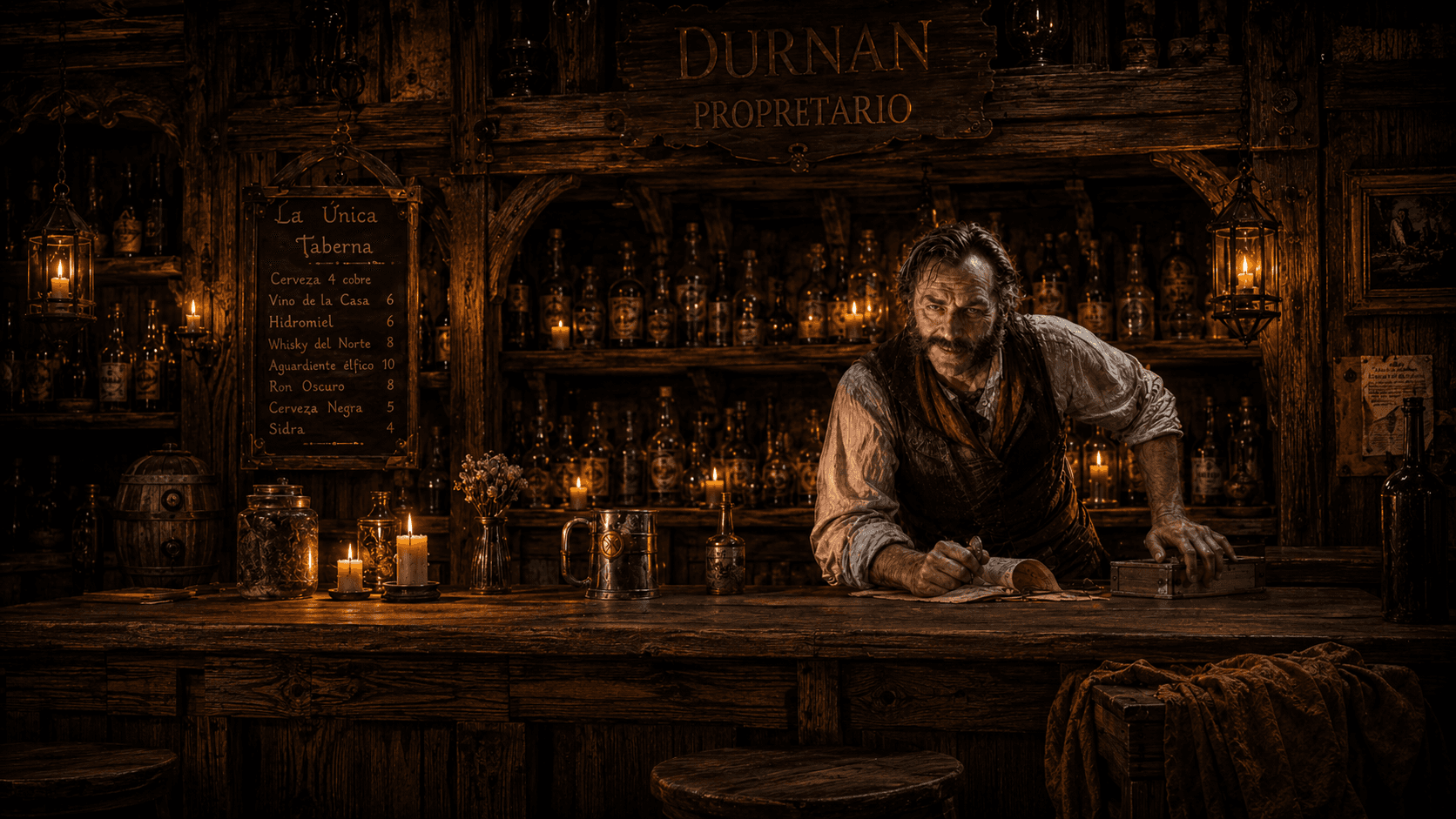 Durnan atendiendo la barra de la Taberna del Portal Bostezante